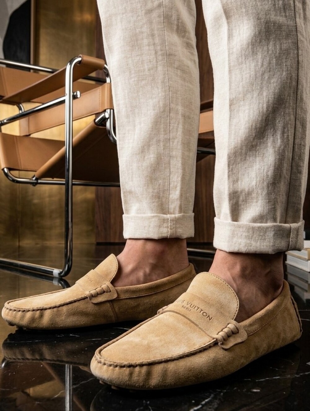 Louis Vuitton Men’s Suede Driving Loafers in Tan Small Details Photos
